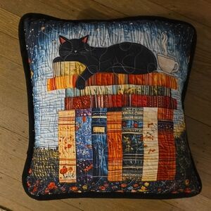Midnight Readers Capnap Colorful Cat and Books Decorative Pillow